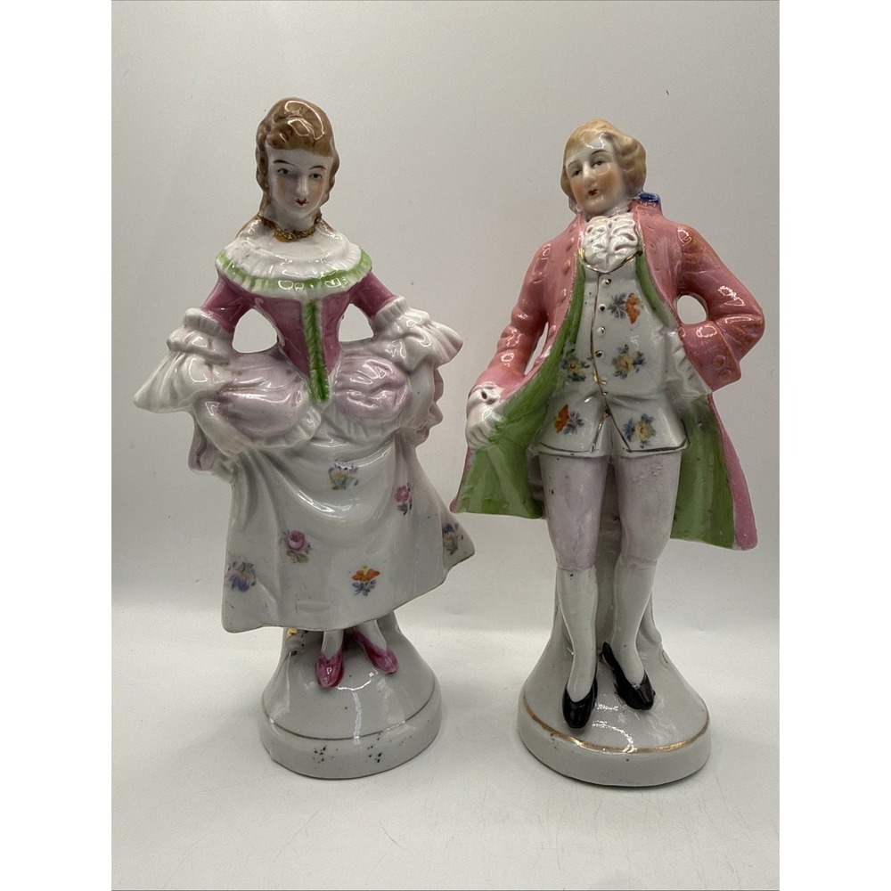 Pair Vintage Occupied Japan Porcelain Victorian Man Woman Figurines 1945-1952 6" - Picture 2 of 16